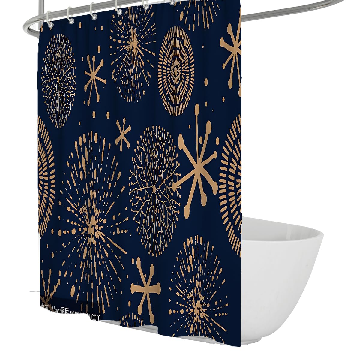 UERWOWELL Midcentury Modern Fabric Shower Curtain Navy Blue Background Bathroom Curtains Geometric Starburst Shower Curtains Waterproof Fabric W180xL220 cm