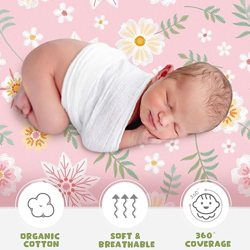 Miniatura 4 de Juego de 4 sábanas para moisés de bebé, suaves y ajustables para bebés, niños y niñas, de algodón suave, bohemio, flores, funda de moisés, segura y