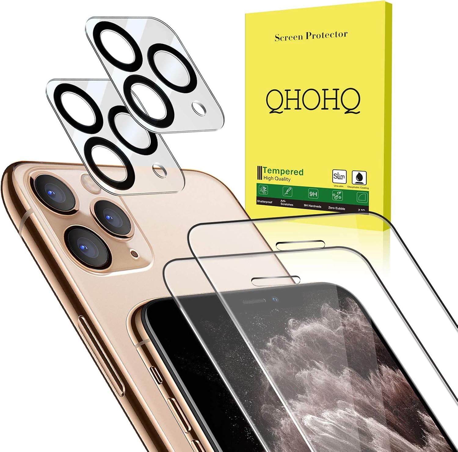 QHOHQ 2 Pack Screen Protector for iPhone 11 Pro Max 6.5" with 2 Packs Camera Lens Protector, HD Full Screen Tempered Glass Film, 9H Hardness, Scratch-Resistant, Bubble Free - Case Friendly
