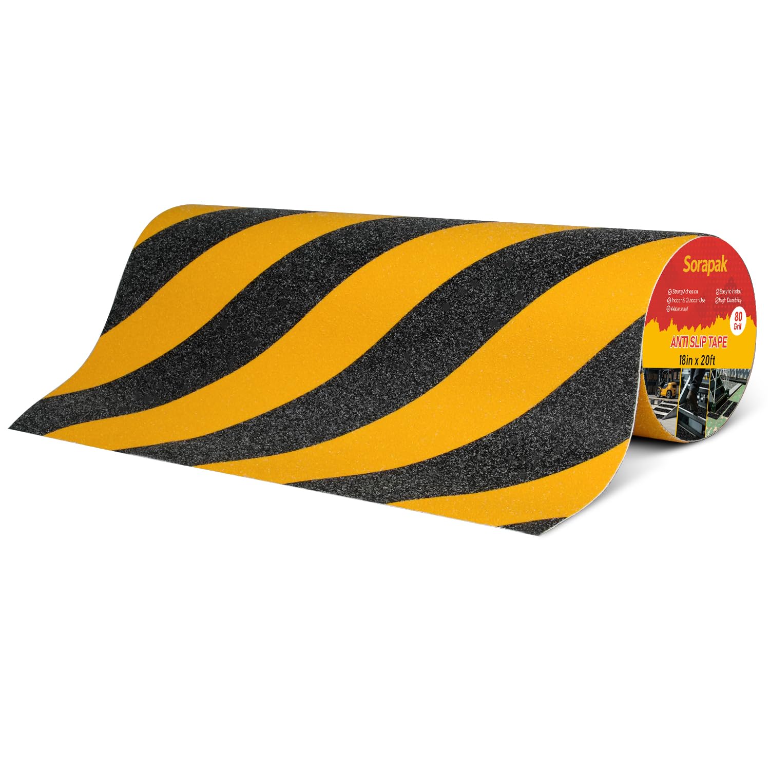 Black Yellow Anti Slip Tape 18in x 20ft, 80 Grit Heavy Duty Grip Tape, Waterproof Non Slip Traction Tape for Stairs, Steps, Ramps, Walkways, Ladders, Indoor Outdoor Safety