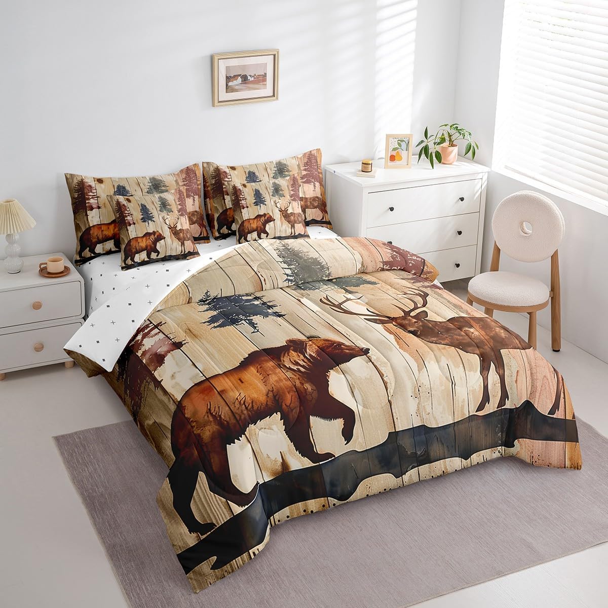 Deer Bear Elk Comforter Set with Sheets Twin Size, Farmhouse Lodge Bed in a Bag 7 Pieces Farm Forest Cabin Bed in a Set Wildlife Animal Comforter 7 PCS