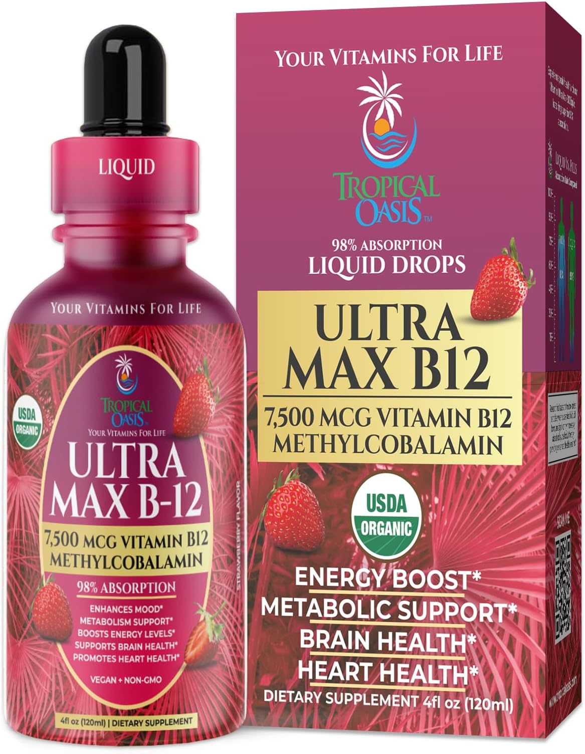 Ultra Max B12 7500mcg | USDA Organic Vitamin B12 Sublingual Liquid Drops | Max Strength Methylcobalamin Vegan B12 Supplement | Promotes Energy, Metabolism, Brain Health | 98% Absorption Rate | 60 Serv
