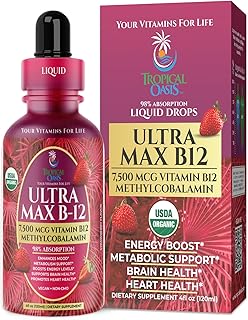USDA Organic Ultra Max B12 | Superdose 7500mcg Vitamin B12 Liquid Drops | B12 as Methylcobalamin| Max 98% Absorption Rate | Promotes Energy| Vegan, Non-GMO, Strawberry flavor -4oz