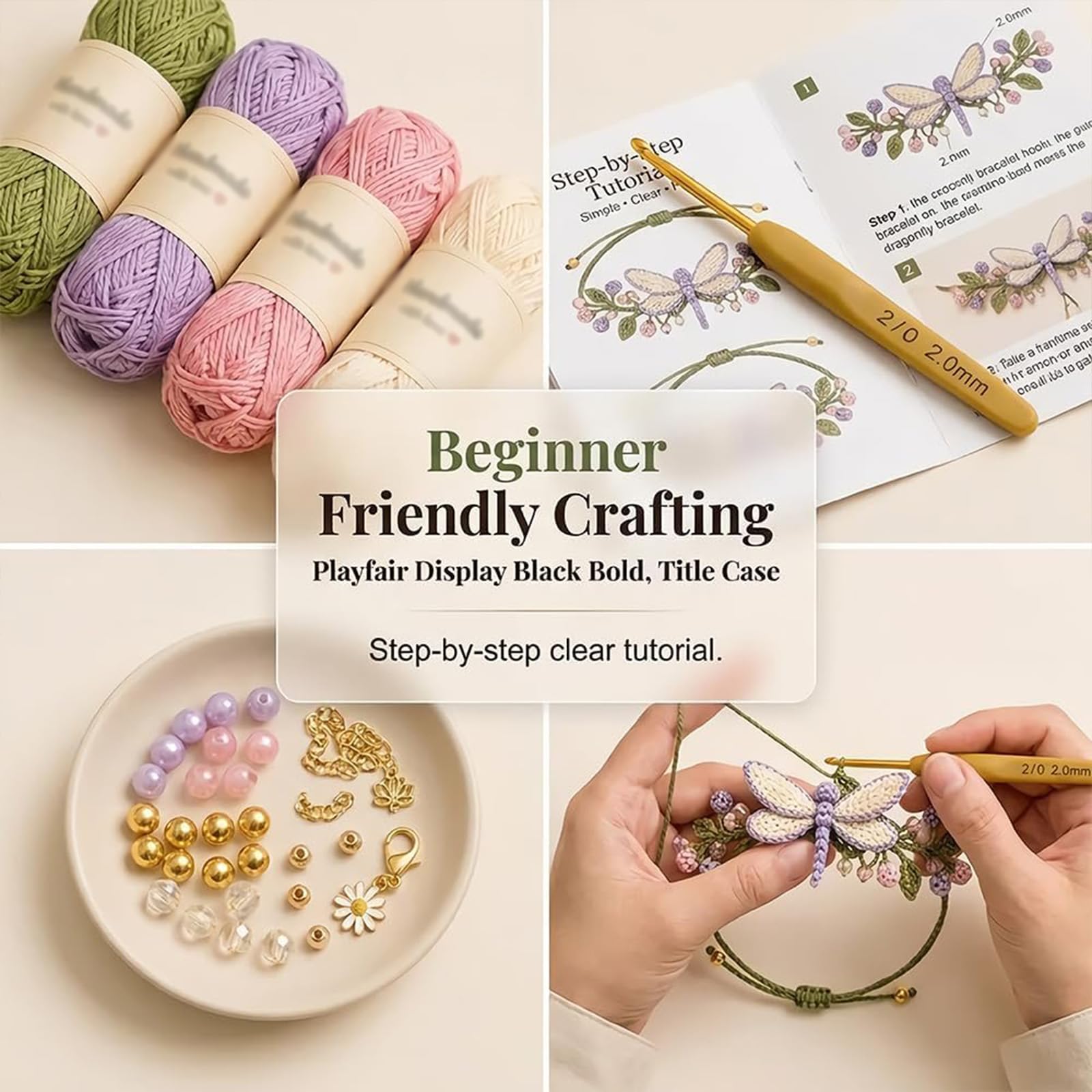 Kit de pulsera de ganchillo inspirada en la naturaleza – Juego de fabricación de pulseras botánicas con hilo, cuentas, perlas y gancho de ganchillo, manualidad creativa para principiantes (ALL)