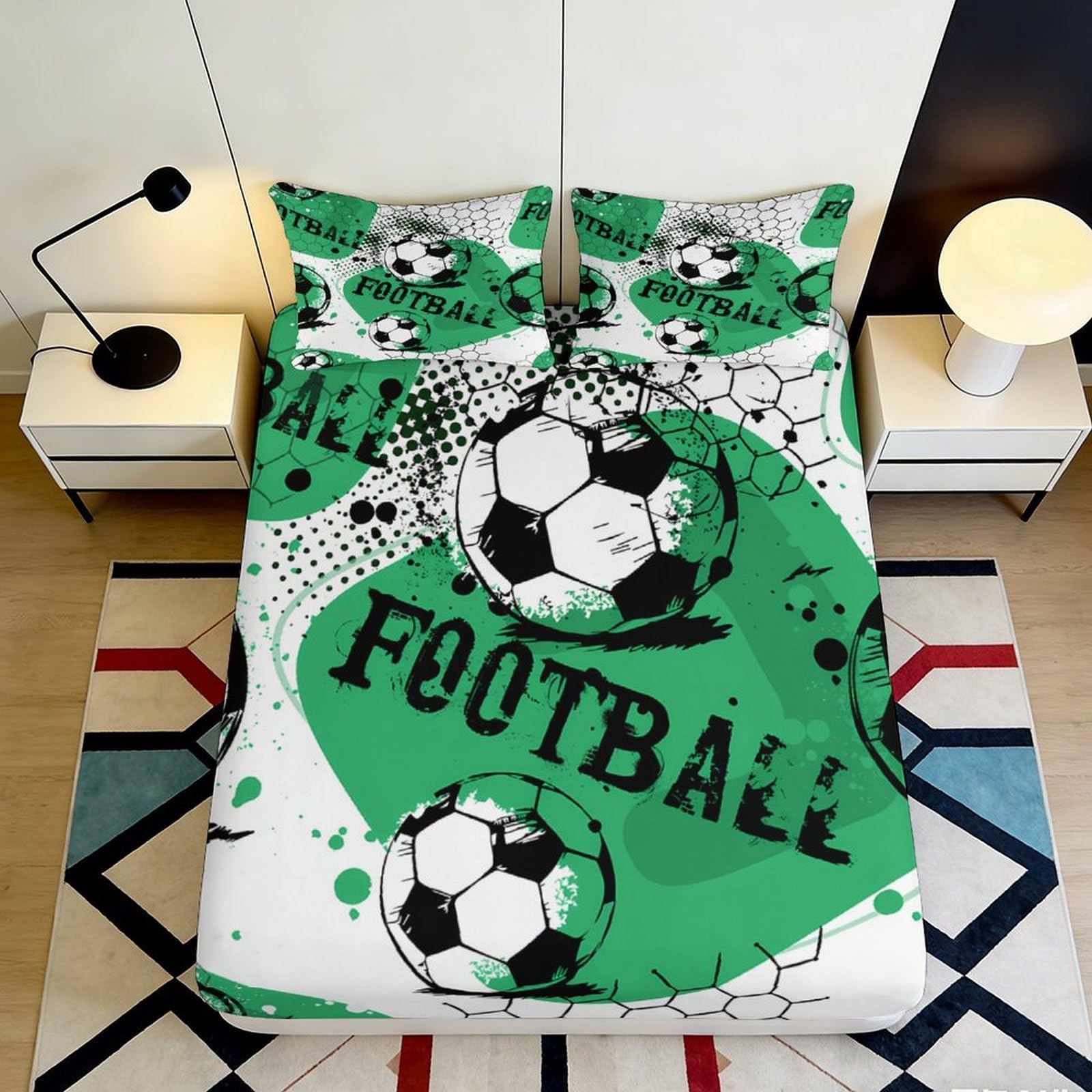 3D Printed Football Green Fitted Sheet Microfiber Durable 3D Printed Soccer Ball Bed Cover for Bedroom Dormitory Guest Room Mattress Protection 120x200x25cm