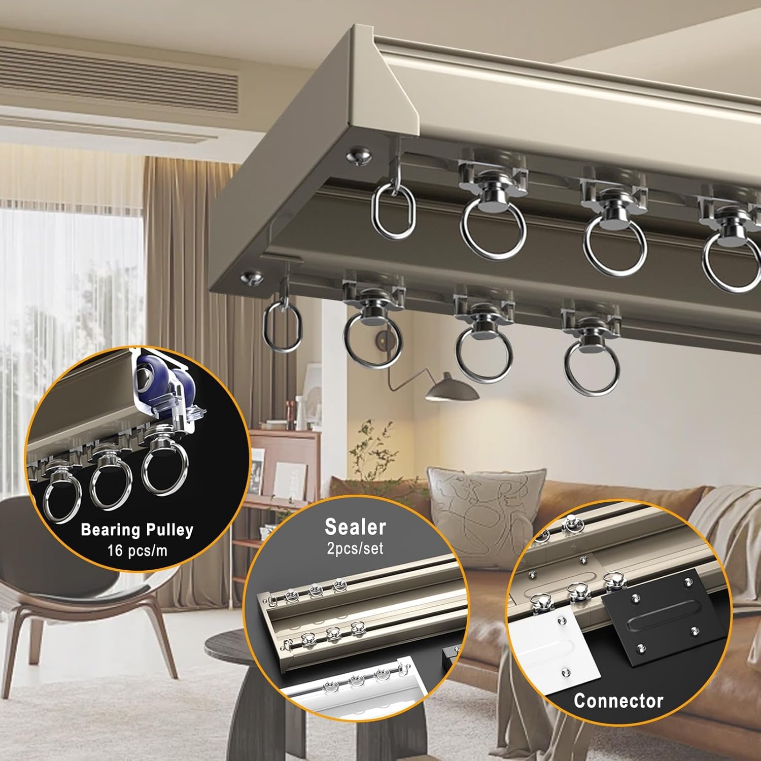 Double Row Ceiling Curtain Track, Heavy-Duty Curtain Conjoined Double Track, for Curtains, Drapes, Room Dividers, Good Load-bearing Effect, Aluminum Alloy Curtain Tracks(Champagne,1.4 M( 4.59FT))