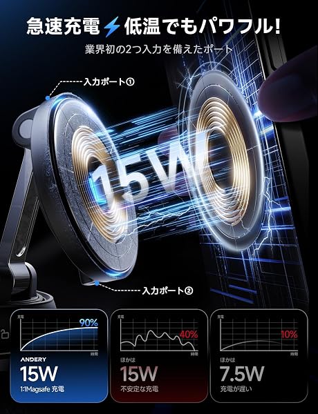 スマホホルダー 車 ワイヤレス充電 マグネット【15W急速充電+真空吸盤の最強コンビ】安定性拔群 車 スマホスタンド【超強磁力】24×N55磁石 Mag-safe 車載 【360°回転な台座×多角度自由調節】カー用品 車載スマホホルダー LEDライト マグセーフ 車載 充電器 片手操作 1秒で着脱 車用品 携帯ホルダー 折りたたみ式 父の日 iPhone&Android多機種と多車種が対応 - 2