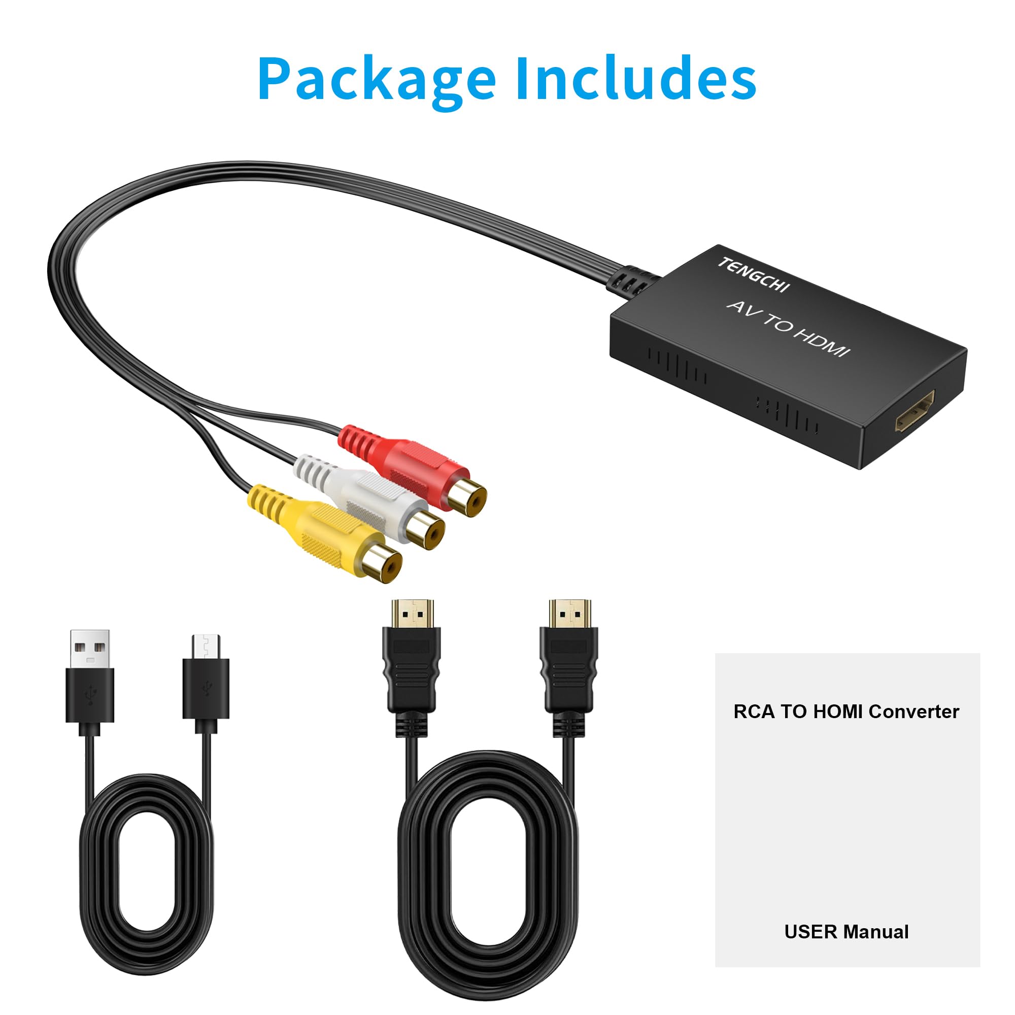 Tengchi Konwerter RCA na HDMI, adapter kompozytowy na HDMI obsługuje 1080P PAL/NTSC kompatybilny z PS one, PS2, PS3, STB, Xbox, VHS, VCR, Blue-Ray odtwarzaczami DVD, czarny