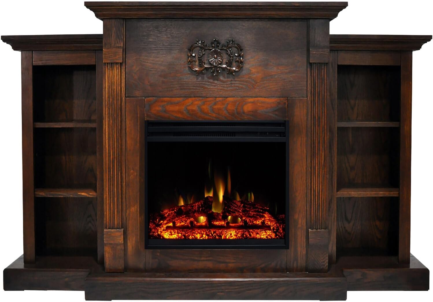 Hanover Classic 72" Electric Fireplace with Mantel, Bookshelves, Deep Log Display, and Multi-Color Flames, Traditional Fireplace with Mantel for Rooms up to 210 Sq. Ft. with Remote Control, Walnut