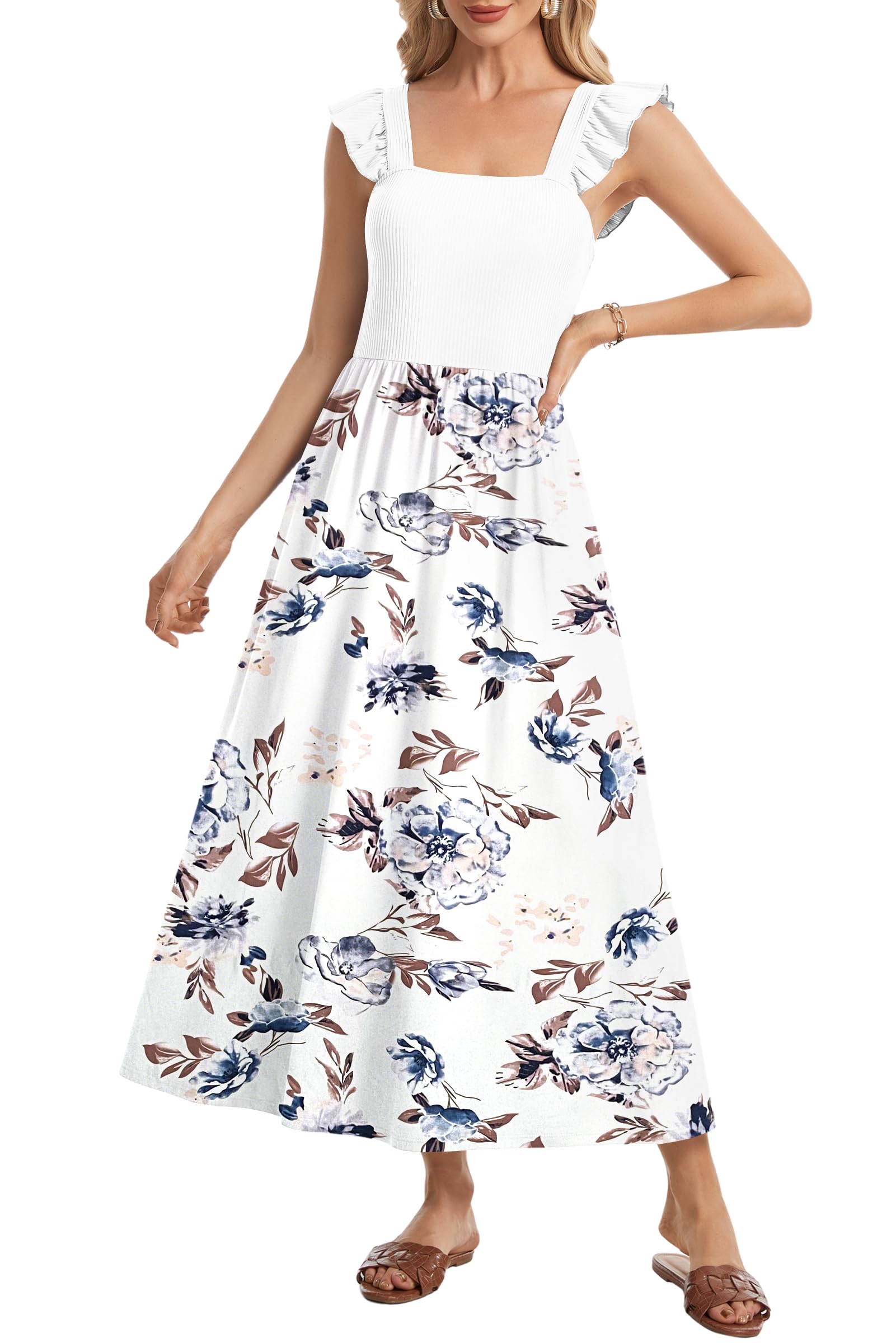 AUSELILY Robe Longue D'été Femme Col Carré Volants sans Manches avec Poches