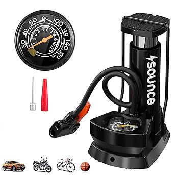 Sounce Portable High Pressure Foot Air Pump Heavy Compressor Cylinder with Gauge Floor for Bicycle, Car and Motorbike for Football Cycle Pumps for Bicycle for Tubeless - Black - image, photos
