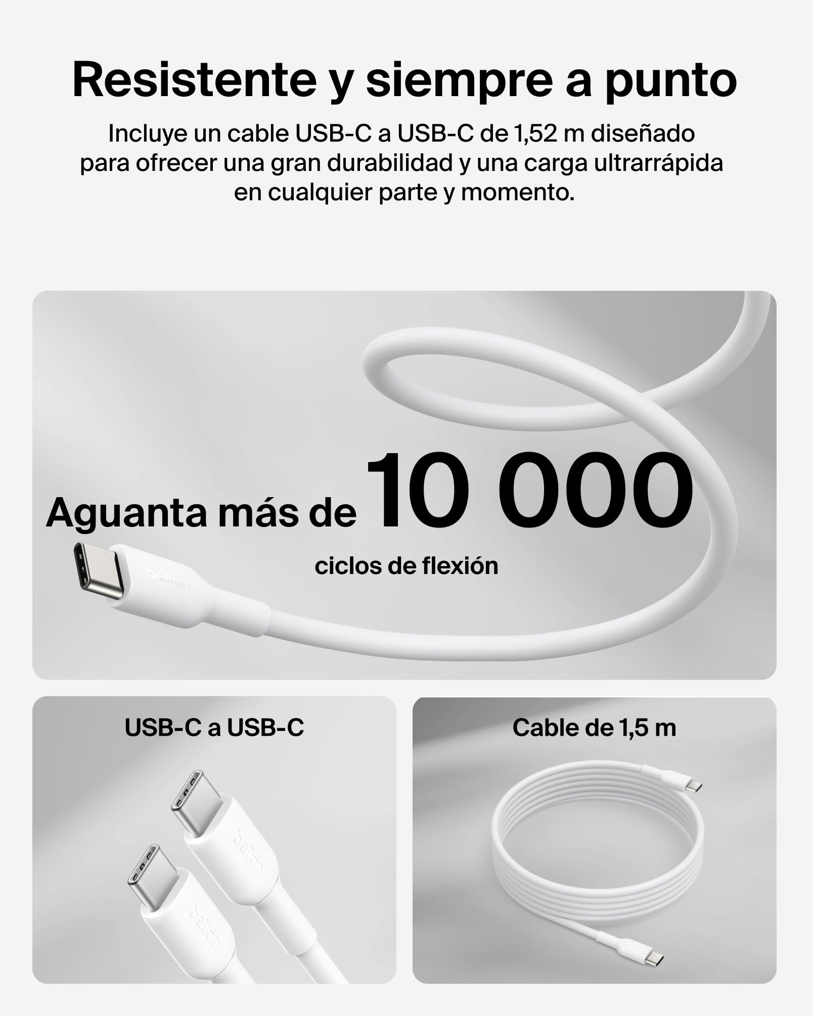 Belkin BoostCharge Cargador USB C, Cargador GAN Compacto 100W Plegable, Carga Rápida, Enchufe USB C Pared, Cable USB C de 1,5 m, iPhone 17, Samsung Galaxy S26, Pixel 10, AirPods - Blanco