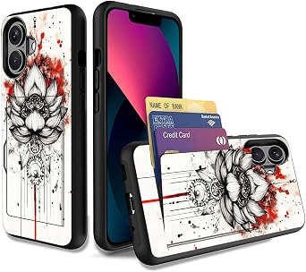 for iPhone 17 Case,Dual Layer Smooth Hard Back Cover Wallet Pocket Credit Card ID Protective Case for iPhone 17,Abstract Lotus