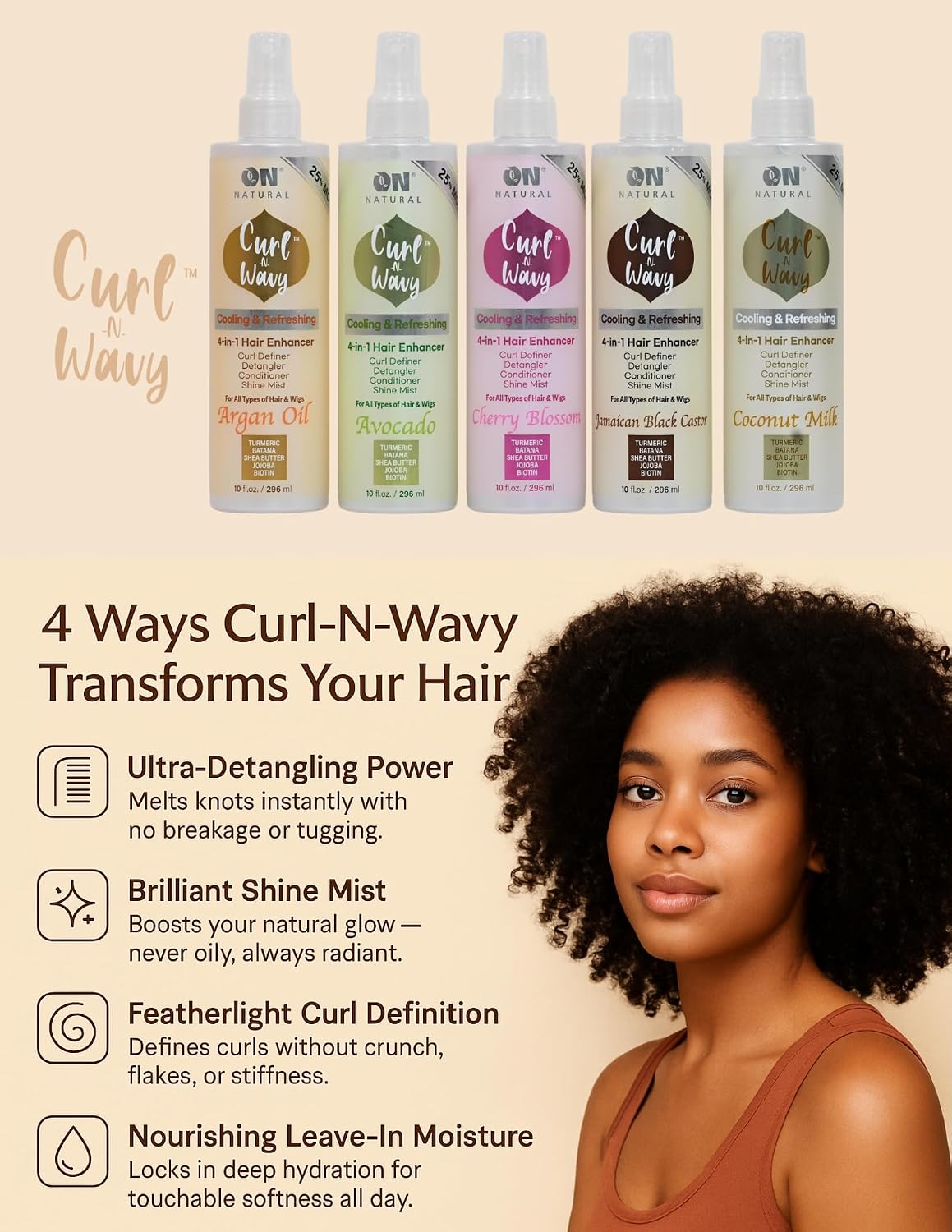 On Natural Curl-N-Wavy 4-in-1 Hair Enhancer For All Hair Texture [Cherry Blossom] 3.4 OZ