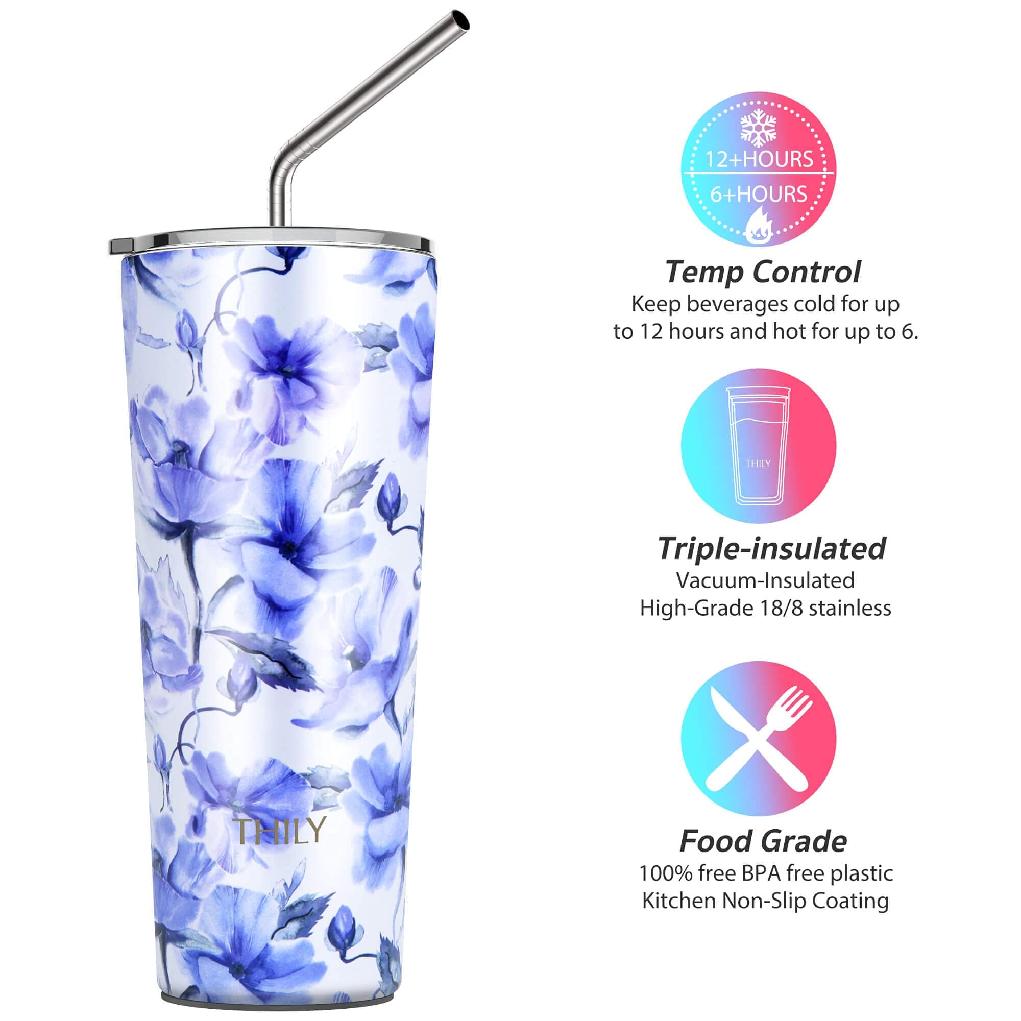 Thily Gobelet Isotherme En Acier Inoxydable Avec 2 Couvercles