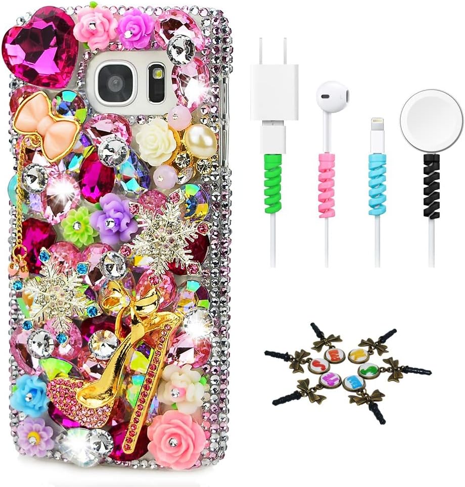 STENES Sparkle Case Compatible with Samsung Galaxy S21 FE 5G Case - Stylish - 3D Handmade Bling Girls High Heel Bowknot Snow Flowers Design Cover Case with Cable Protector [4 Pack] - Pink