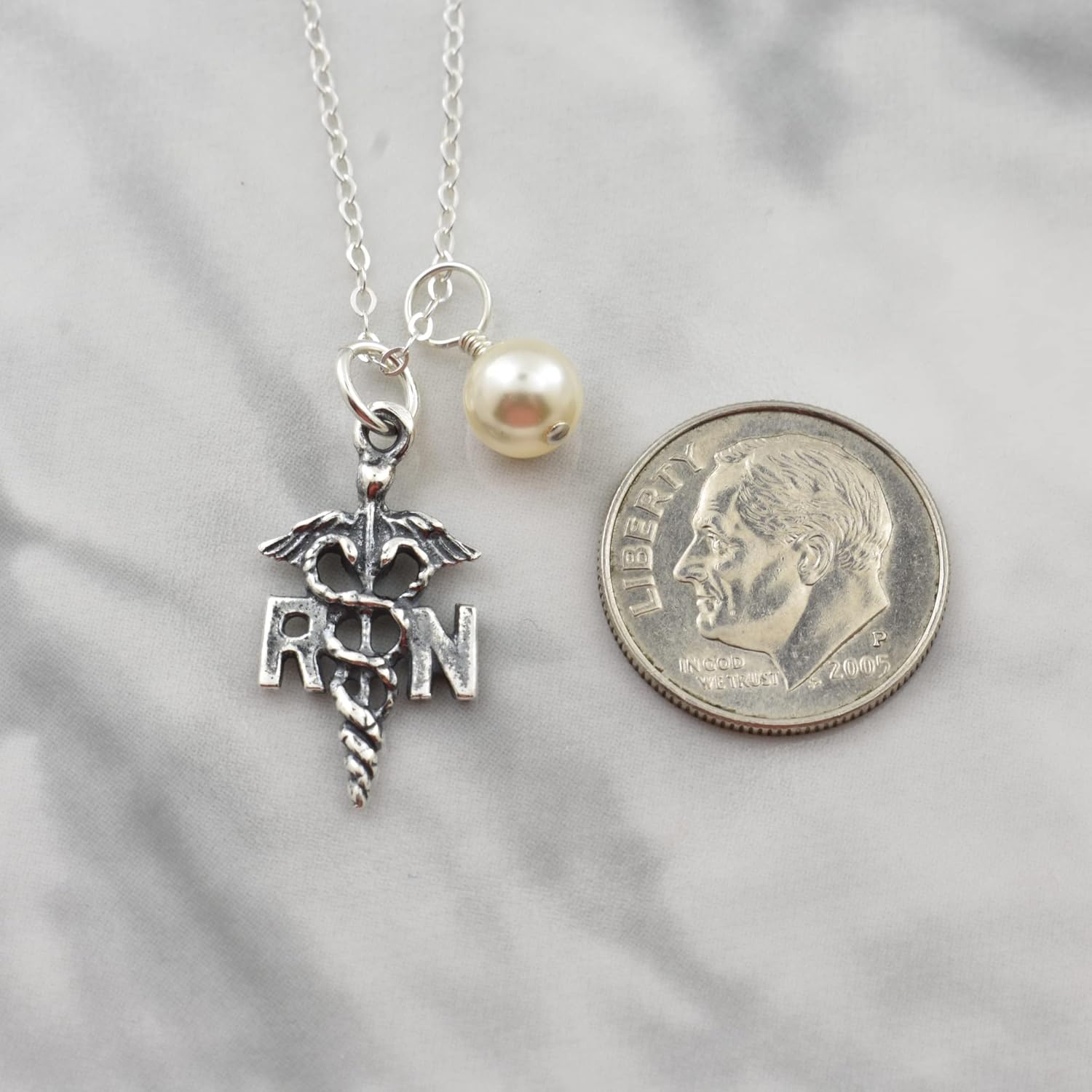 RN Charm in Sterling Silver. | 18" Cable Chain | Crystal Pearl | RN Gift for Her | Essential Worker
