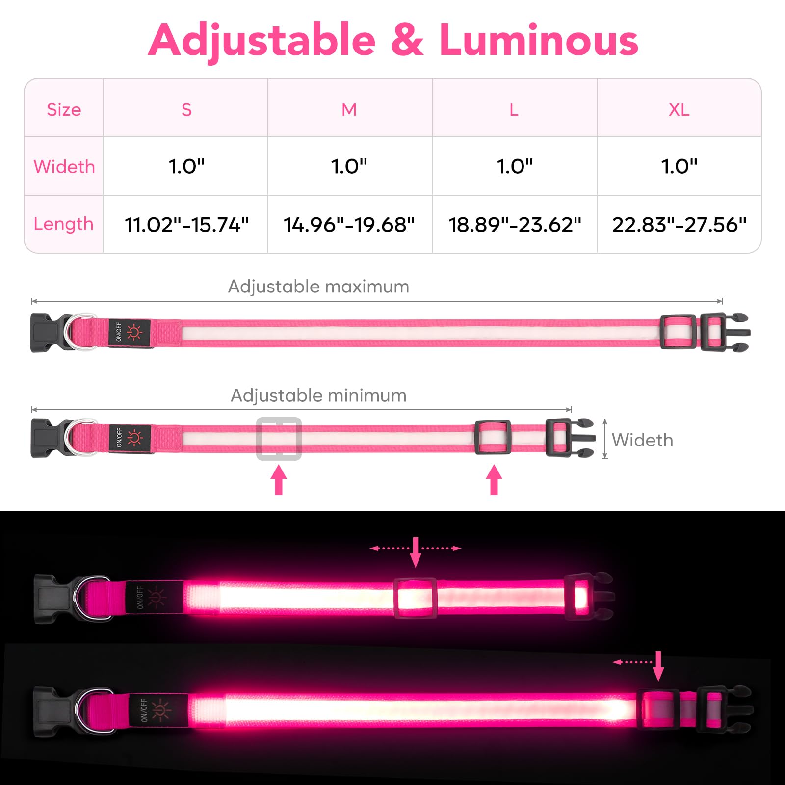 Vizpet Collar de perro con luz LED, ajustable, recargable por USB, súper brillante, luz de seguridad brillante para perros (mediano, rosa)