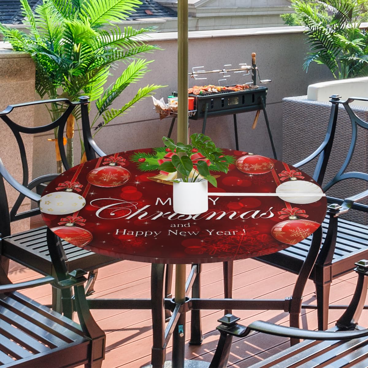 Snowflakes Christmas Balls Golden Bells Outdoor Round Fitted Tablecloth with Elastic Edge, Waterproof Table Cover with Umbrella Hole Table Cloth, for Party Family Dining Fits 36-44 in Diameter Table