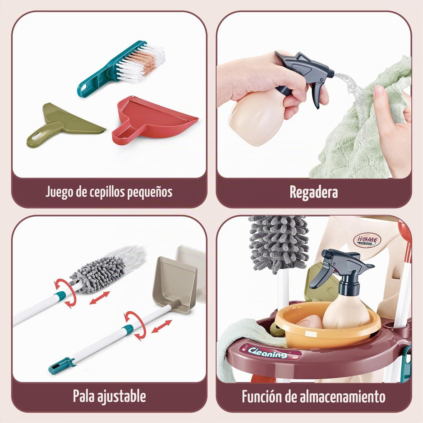 deAO Sarrito de Limpieza para Niños con Fregona, Cubo, Escoba, Aspirador, Set de Carro de Limpieza, Juguete de Limpieza para Niños a Partir de 2 3 años (marrón Rojizo)