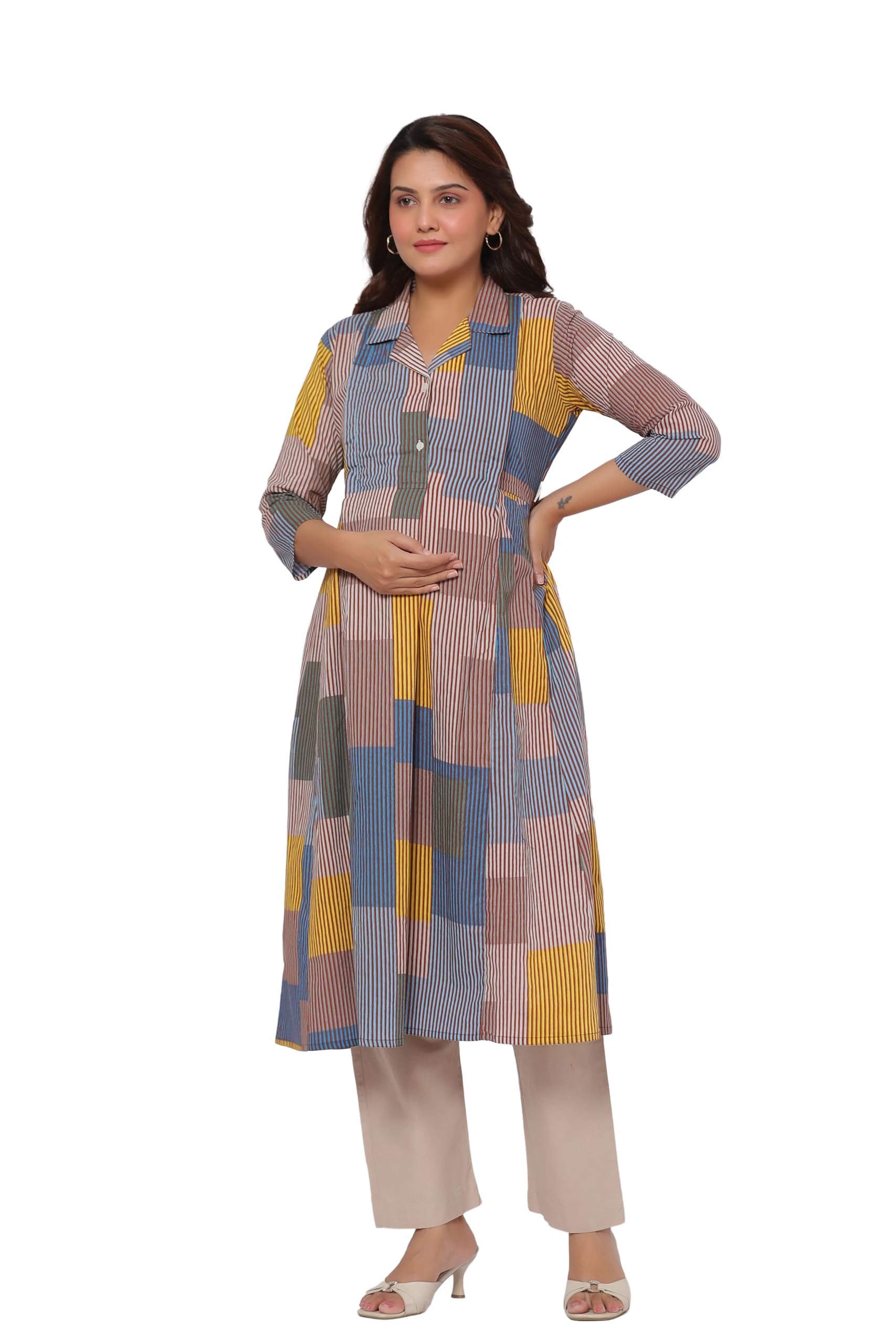 Pre & Post Maternity/Nursing Wear Hand Printed Kurta Cum Midi Dress/Nighty with Both Sides Zipper Easy Feeding to Be Moms & Nursing Mothers Cotton Ocean Blue-image-24