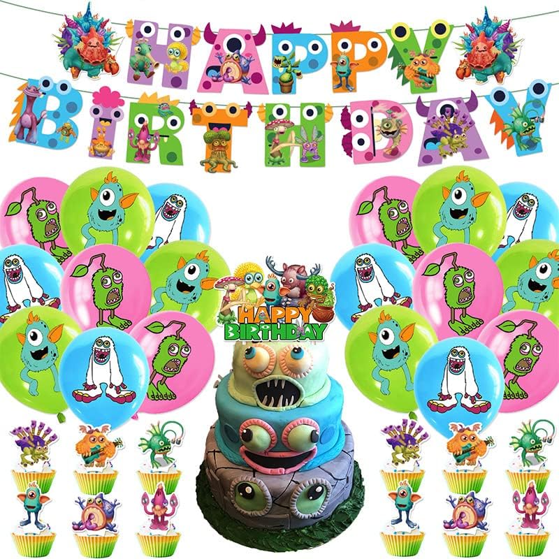 My Singing Monster Party Supplies Set,Party Favors Balloons Cake Topper Banner Swirl Decoration,Birthday Party Decoration