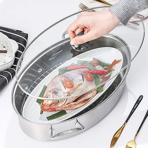 Miniatura 6 de Eglaf Vaporizador de pescado de acero inoxidable de 8 cuartos  Utensilios de cocina ovalados multiusos con estante, sartén de cerámica, mandril