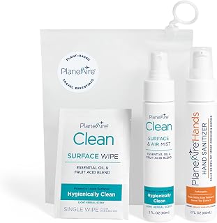 PlaneAire Travel Essentials Hygiene Kit: TSA-Approved Hand Sanitizer, Surface Wipes & Mist - Plant-Based for Flights & Hotels