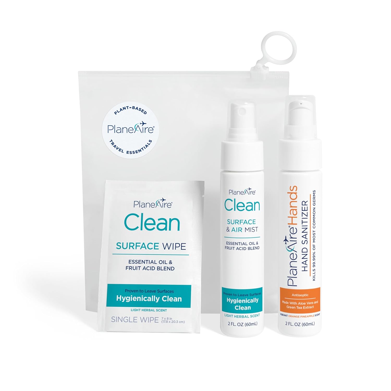 PlaneAire Travel Essentials Hygiene Kit: TSA-Approved Hand Sanitizer, Surface Wipes & Mist - Plant-Based for Flights & Hotels