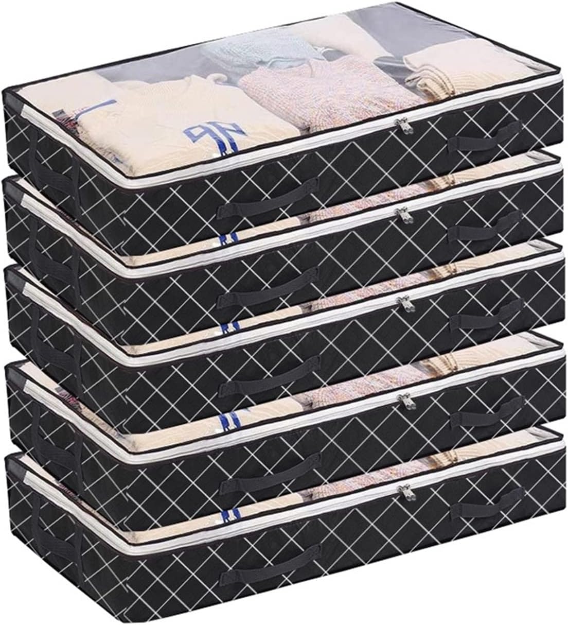 5 Pieces Under-Bed Storage Bags, Large Capacity Portable Foldable Clothes Closet Organizer Containers with Window, Durable Storage Bins for Clothing Blanket (Color : Black)
