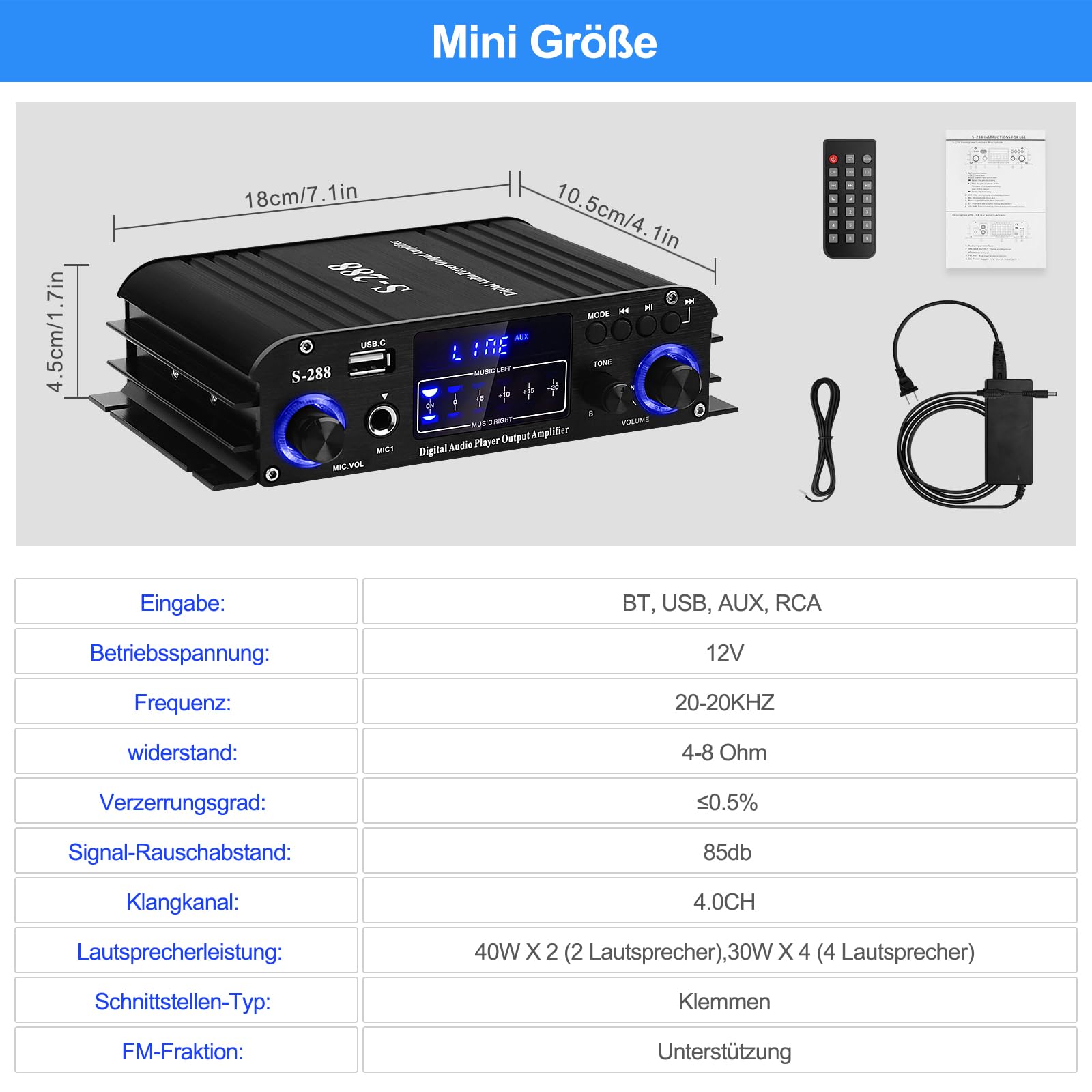 HiFi Versterker S-288 600W Mini Bluetooth Stereo Audio Versterker Ontvanger 12V/220V 4 Kanaals Digitale Krachtversterker met LCD Display, FM Radio, BT, USB Input, voor Thuis of Auto