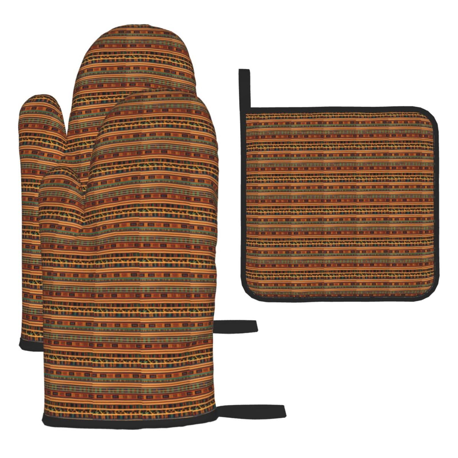 African Weaving Print Oven Mitts Kitchen Gloves Set Everyday Baking Grilling Microwaving Cooking Gift