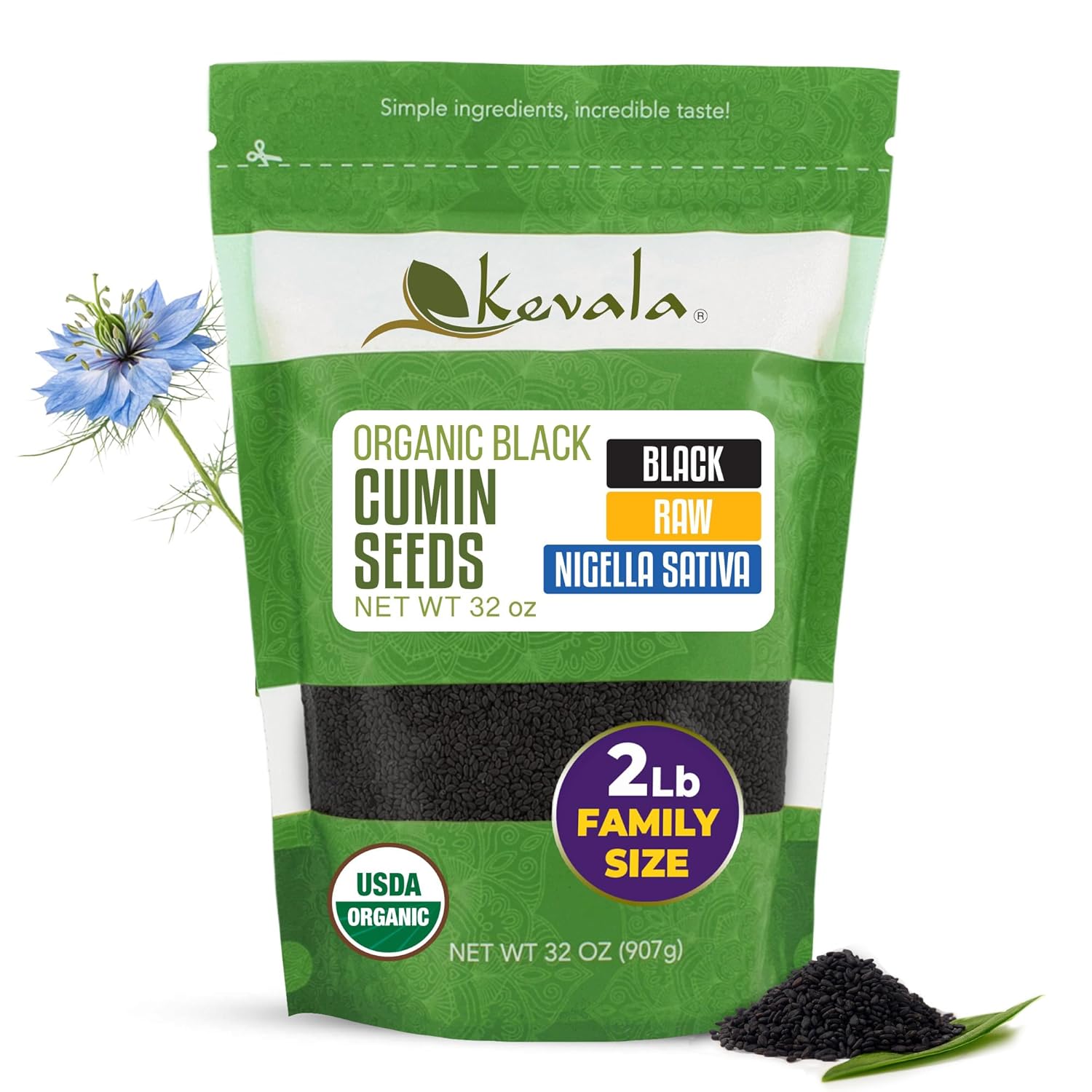 Kevala Organic Black Cumin Seeds (Nigella Sativa) – Raw Seeds for Vegan Diet, Gluten-Free Spice for Baking and Cooking, Topping for Fresh Salads and Snacks, non-GMO Project Verified, 32 oz, 2 lb