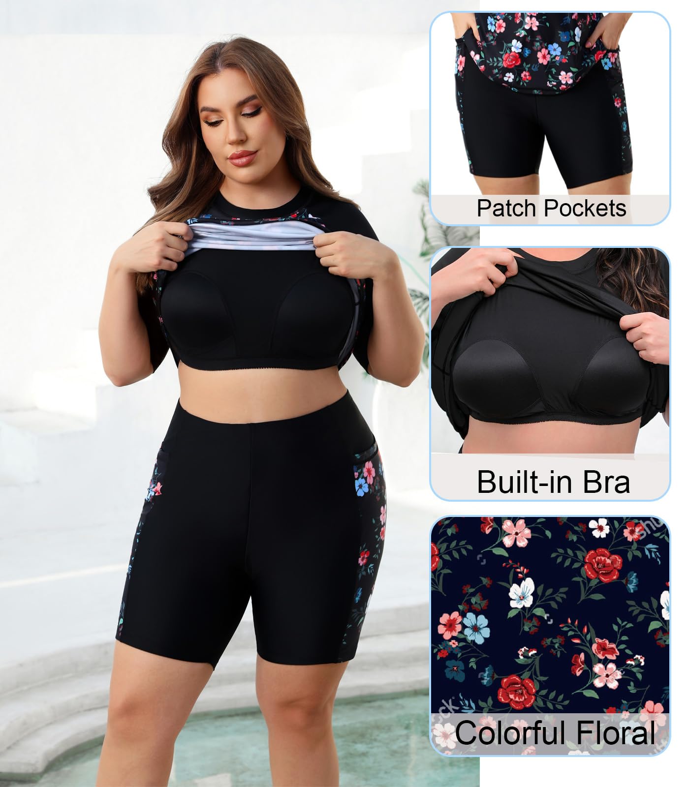 Halcurt Damen Plus Integrierter BH Rashguard Zweiteiliges Schwimmshirt und Taschen Boyleg Shorts