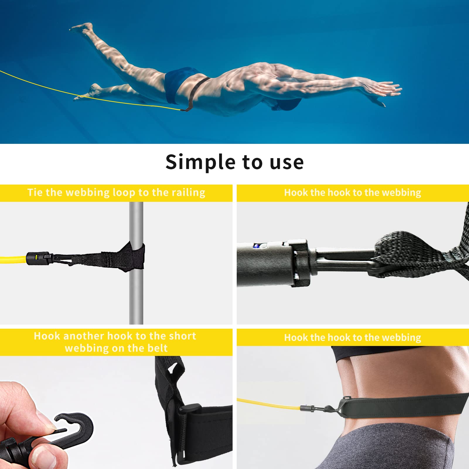 Cintura Per Nuoto Elastica - Training In Piscina, Regolabile, Con Corda E Borsa, Per Adulti E Bambini - Foto 6