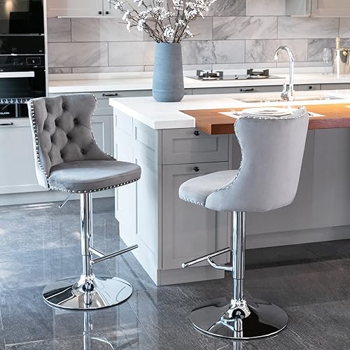 Miniatura 8 de Juego de 2 taburetes de bar giratorios de terciopelo ajustables en altura, sillas de cocina modernas tapizadas sin brazos con respaldo alto copetudo