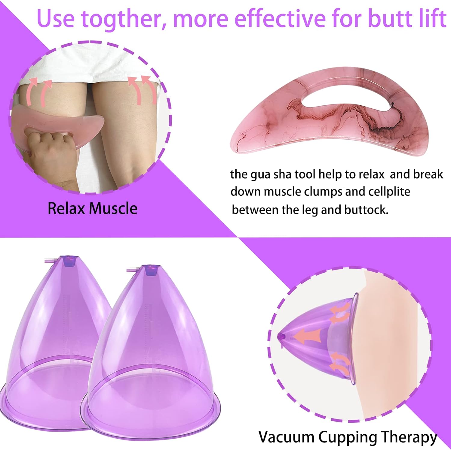 Buttock Vacuum Cups 210ML &180ML,Vacuum Therapy Cupping Machine Accessories, 9.4inch & 8.26inch XL Suction Cups for Butt Massage with Y-Hose & Gua Sha Board, 2 Pairs (Purple) - Image 5