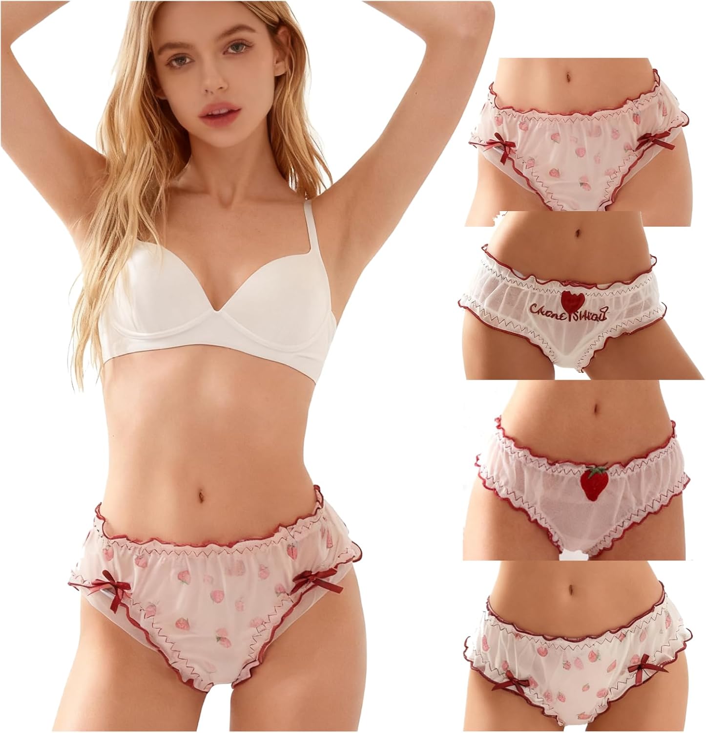 Womens Underwear for Women 4 Packs Panties Briefs Cute Kawaii Japanese-Style Ruffled Lace Strawberry