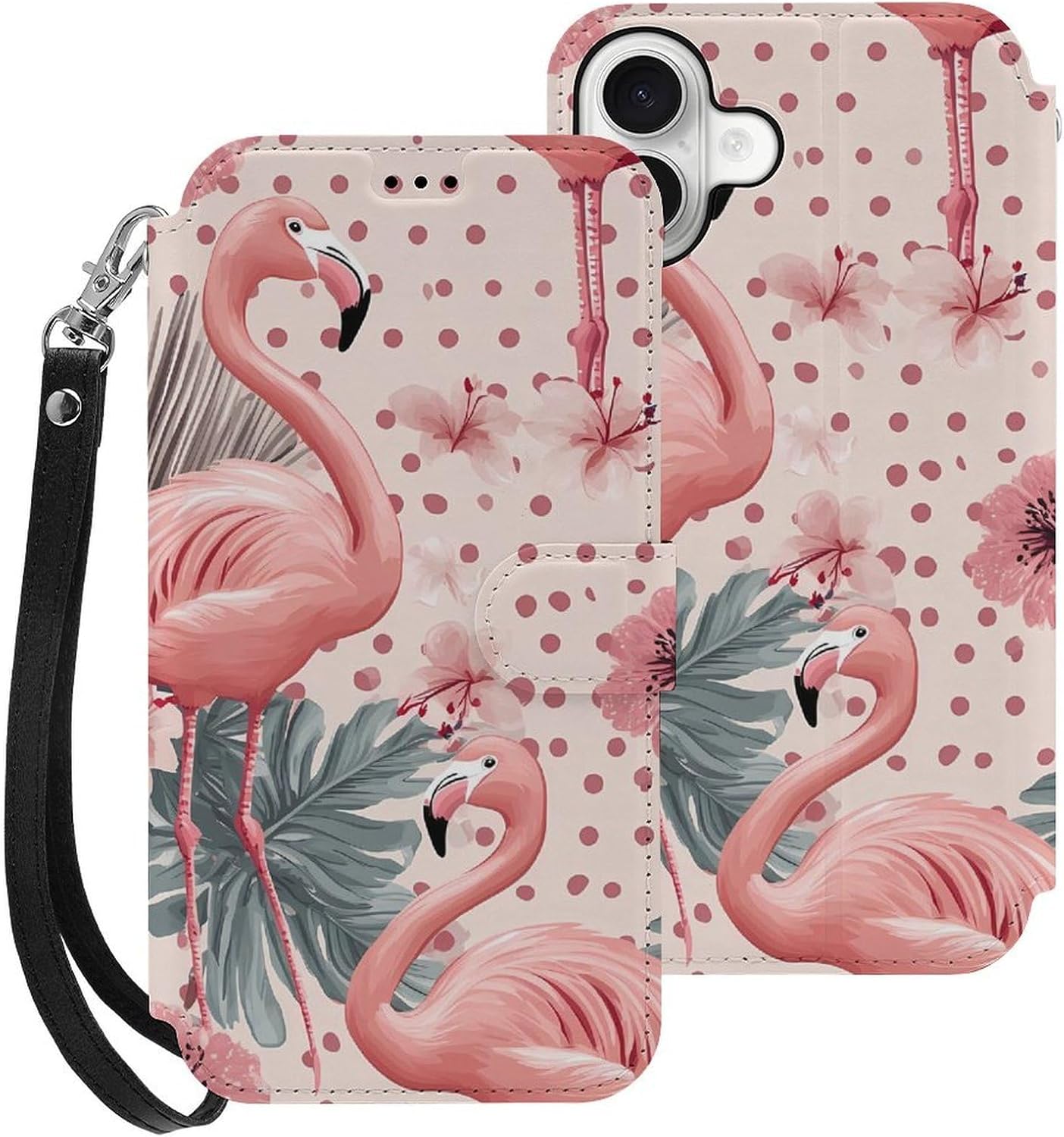 Flamingos Tropical Flowers Polka Dots Compatible with iPhone 16/16 Plus/16 Pro/16 Pro Max/16 E Case Phone Wallet Card Holder Flip Cover with Wrist Strap