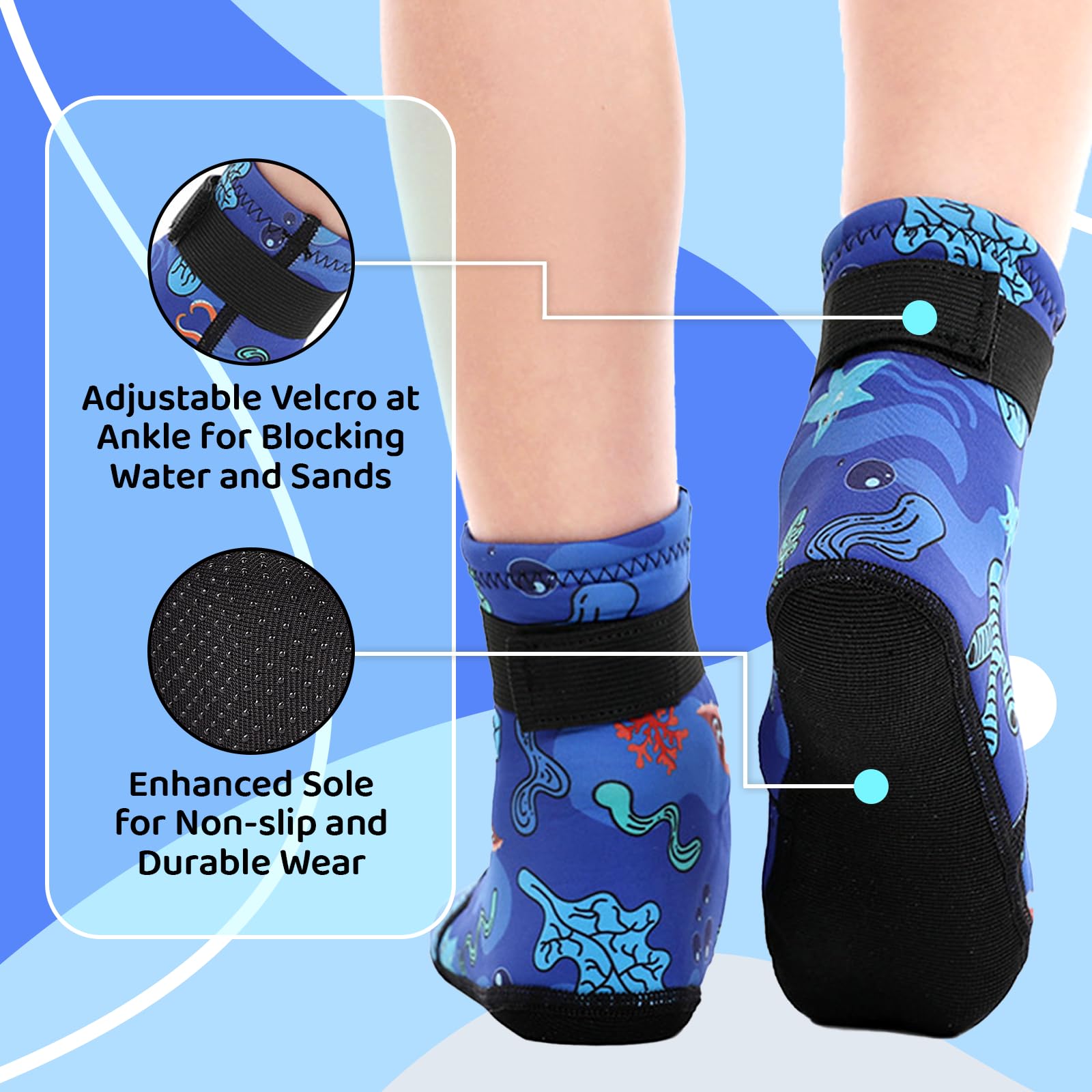 Neoprensocken Kinder 3mm, Rutschfeste Wassersport-Socken Warm Halten Neopren Socken Wassersocken Tauchsocken für Schwimmen, Surfen, Strand & Tauchen, Atmungsaktiv, Langlebig, Blau