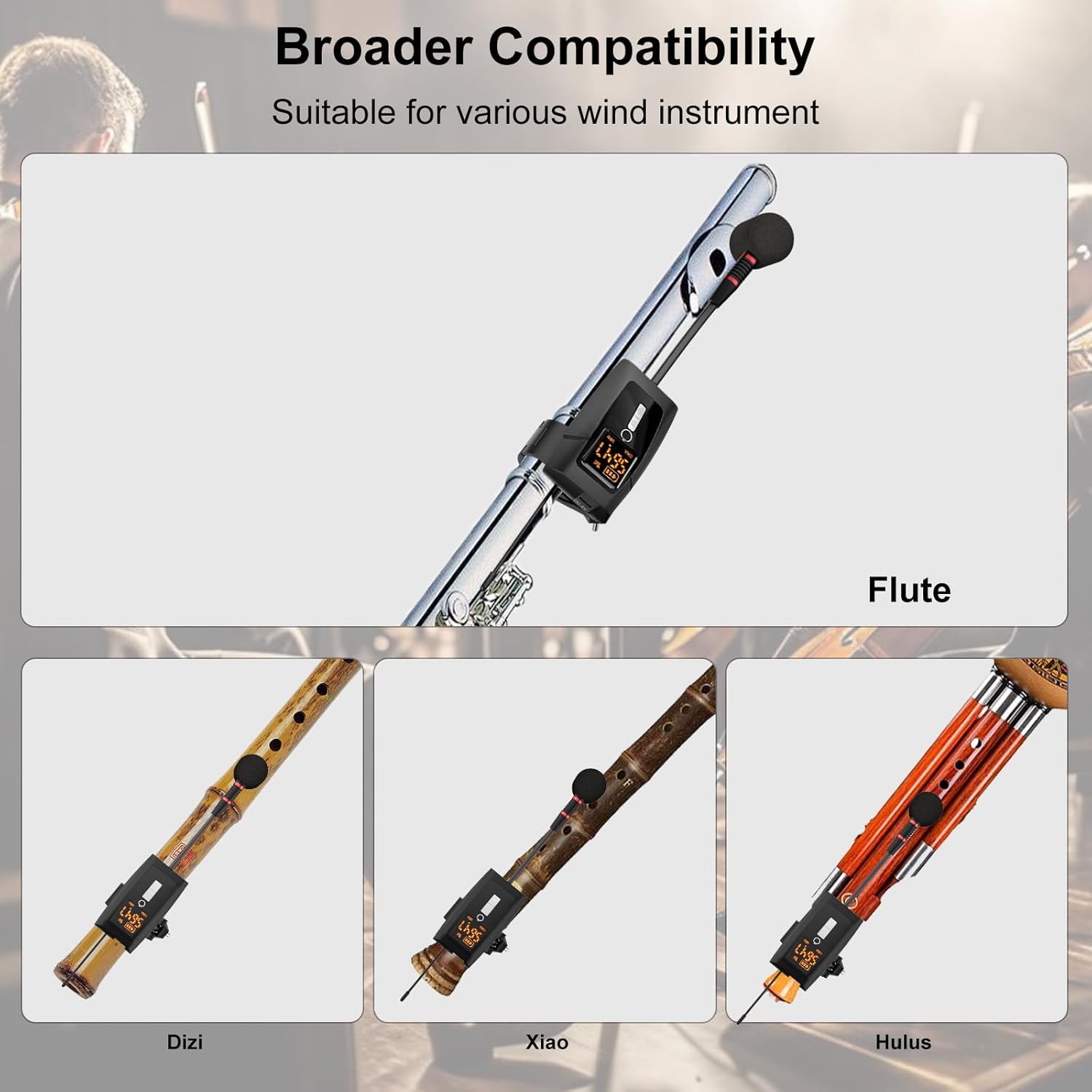 Wireless Flute Microphone System, UHF Wind Music Instruments Microphone with Rechargeable Receiver and Transmitter 196ft Range, Professional Tubular Instrument Clip Great for Flute, Piccolo