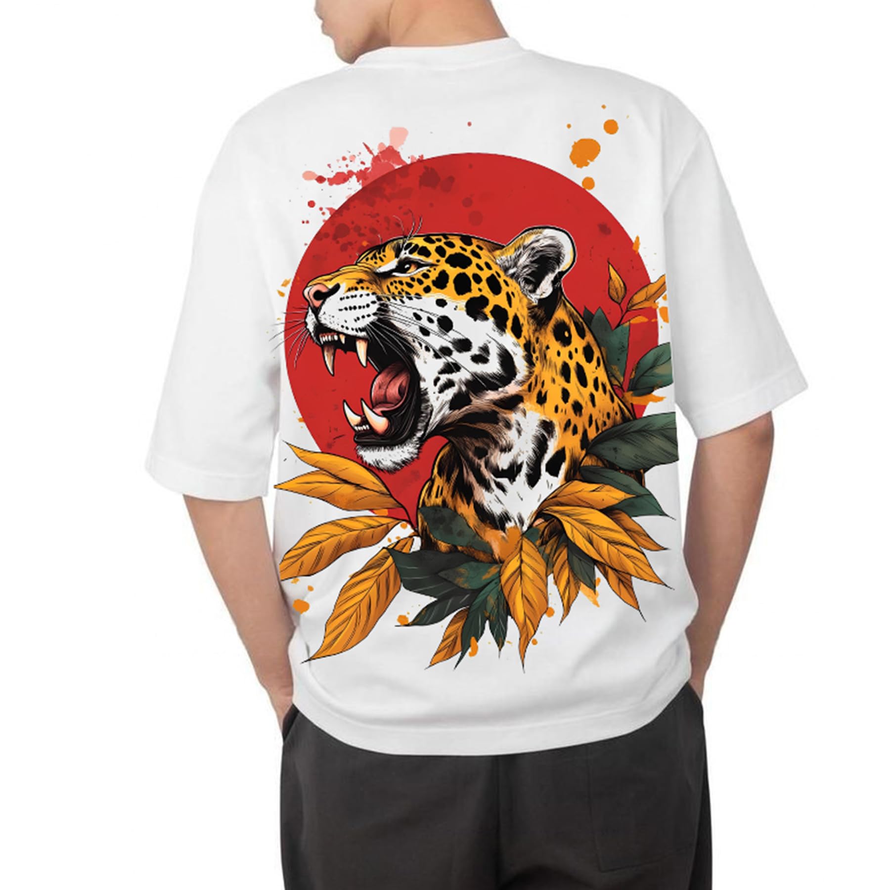 aroa Tshirt Leopard in The Jungle Model : 036 Men Cotton Printed Oversized/dropshoulder/Round Neck White Tshirt Men Women Unisex-picture-16