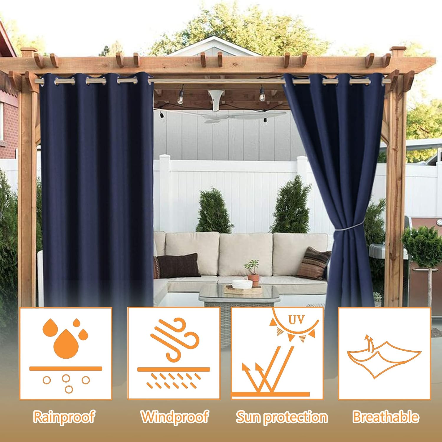 2 Panels Outdoor Curtains for Patio Waterproof, Rustproof Top and Bottom Grommets Indoor Outdoor Thermal Insulated Vertical Drapes Windproof for Gazebo & Deck(Navy Blue,W86.61 x H74.8 x 2PC)