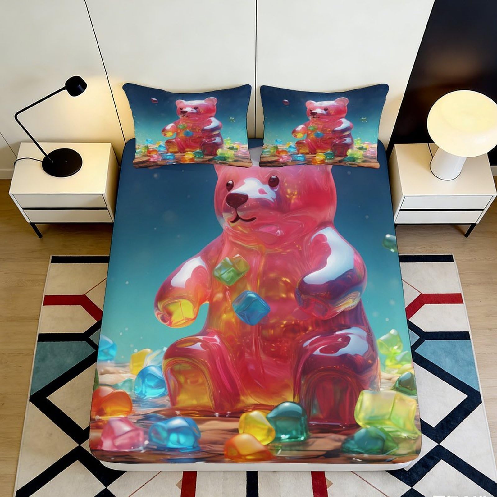 3D Printed Gummy Bear Fitted Sheet Microfiber Fun Colorful Candy Bear Bed Sheet for Bedroom Dorm Easy Care 90x200x25cm