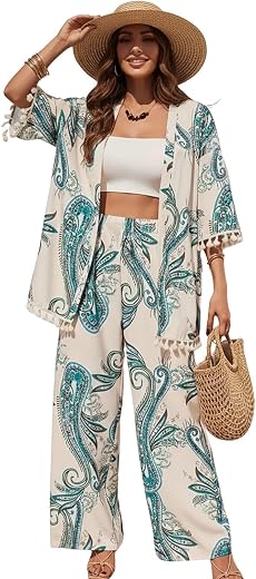 Leriya Fashion Co Ord Set for Women Stylish | Summer Travel Co-Ord Set Short Sleeve Shirt &amp; Wide-Leg Pant | Paisley Printe...