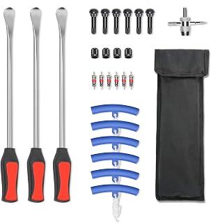 BIGTUR 14.5 inch Steel Tire Spoon Lever Iron Tool Kit, Professional Tire Changing Tool,3 Tire Spoons, 6 Rim Protector, Valve Tool, 6 Valve Cores, 4 Valve Caps, 6 Rubber Valve Stem, Carrying Pouch