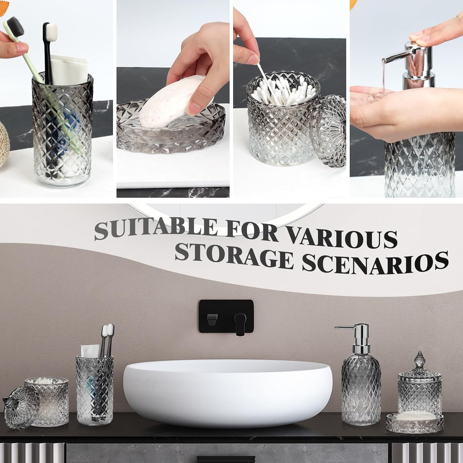 Bathroom Accessories Set, 5Pcs Gradient Glass Bath Accessory Sets Complete, Glass Bathroom Accessories with Soap Dispenser, Soap Dish, Toothbrush Holder, Qtip Holder