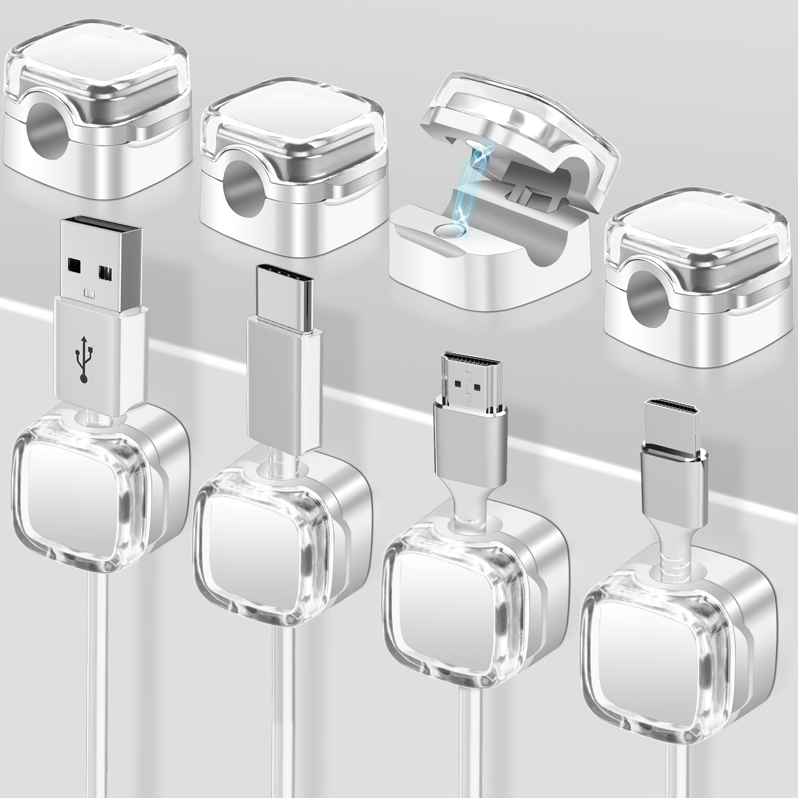 8個セット 超強磁力 マグネットケーブルホルダー バネ式 ケーブルホルダー 小型 磁力 ホルダー ケーブルクリップ ケーブル管理システム 電話 USB 充電器 オフィス 車 ナイトスタンド用 白