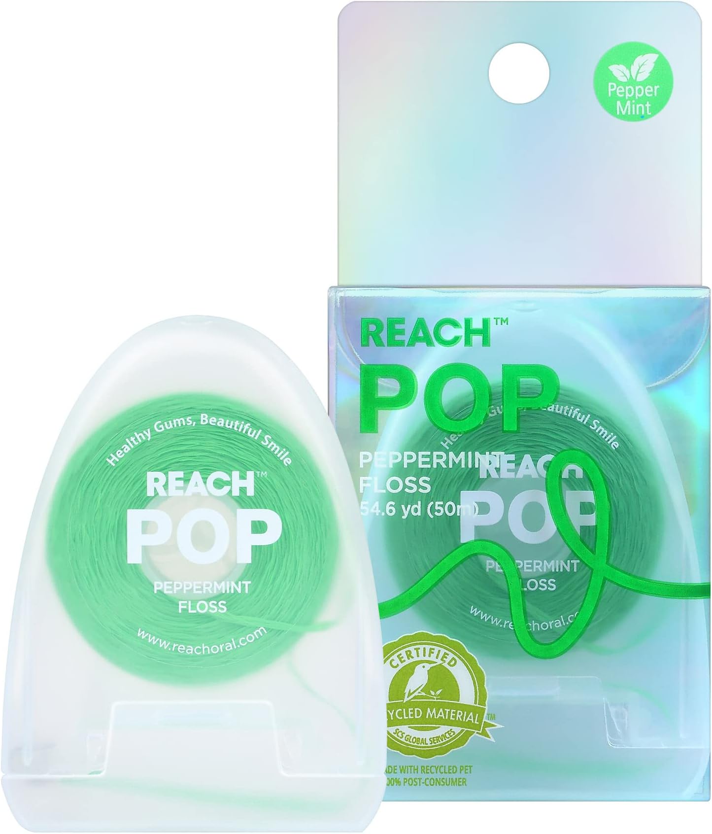REACH POP Dental Floss, Peppermint, Plaque Remover for Teeth, Shred Resistant, Vegan Wax, Cruelty Free, Eco Friendly Packaging, Oral Care, PFAS Free, for Adults & Kids, 1 Pack, 54.6 yd