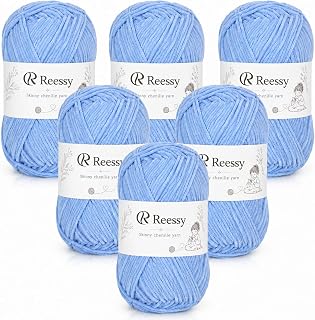 Skinny Chenille Yarn for Crocheting – CYC #2 Fine Lightweight, Soft Baby Blanket Yarn for Beginners, 6 Pack 50g/158yd Each – No-Split for Crochet Toys & Small Projects(Light Blue)